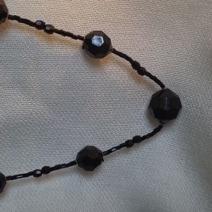 Vintage Flapper Style Black Beaded Satellite Necklace Silver Tone Metal